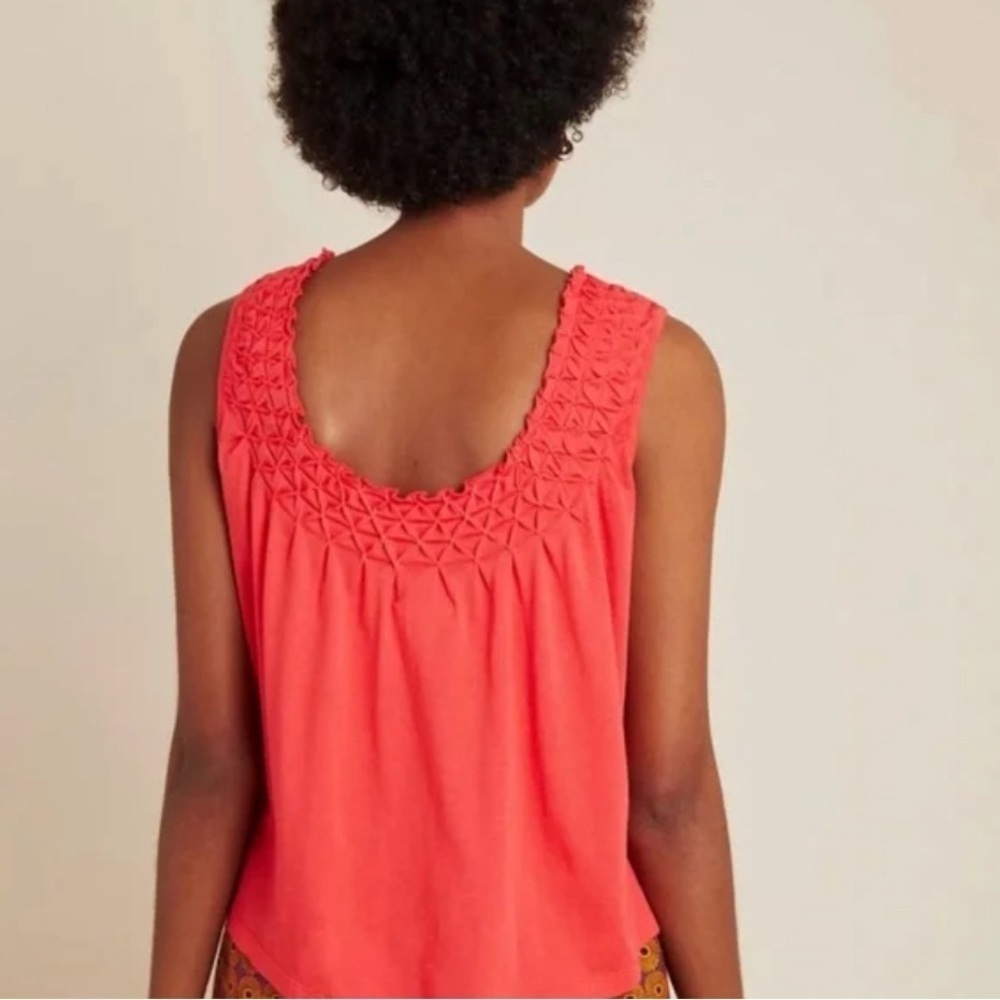 Anthropologie Maeve Justine Smocked Coral Scoop Neck Tank Top Blouse Ruffles XS - Picture 2 of 13